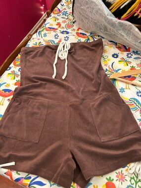 Chocolate Brown Terry Cloth Strapless Romper with Drawstring